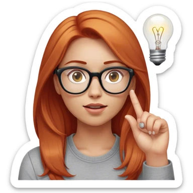 intelligent and clever, 30 year old, girl, long red-blond hair, glasses, has an idea and holds her finger in the air, light bulb over the head, casual cloth  sticker