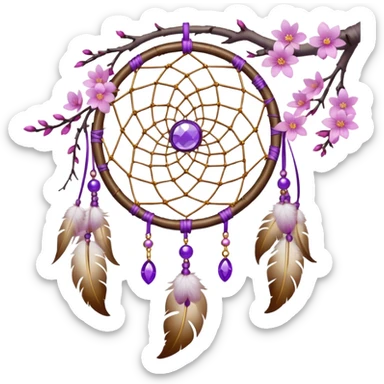 A white-birch-framed Dreamcatcher. with purple-round-orbs, gold-rings hanging down. purple flowers, pink sakura flowers, sticker