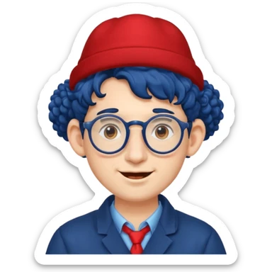 dark blue haired man curly hair with big ears and red earrings and spectacles happy and hat wearing sticker