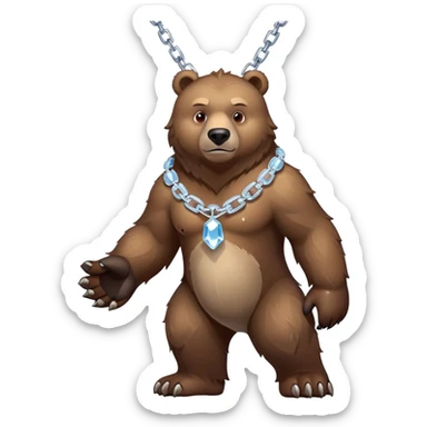 Fierce brown bear walking on four paws with an ice chain necklace, frozen chain links made of crystal clear ice, serious face sticker