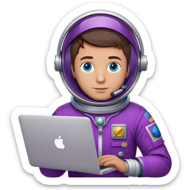 guy astronaut with purple suit, blue eyes, short brown hair and one macbook sticker