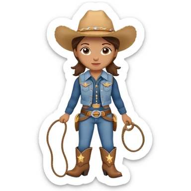 A cuddly cowgirl plush toy with denim vest, cowboy boots and a lasso sticker