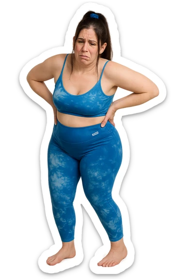 a woman in her 30s  holding her lower back with a pained expression. Subtle visual cues, like uneven shoulders or hips, hint at postural asymmetry. symbolizing chronic pain over the years. vista anatomicamente non farla troppo grassa sticker