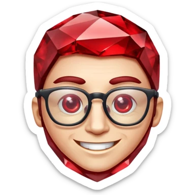 A single red crystal gemstone character wearing glasses,  irregular with faceted very sharp sides, smile, , high detail, sticker
