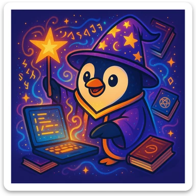 Make the penguin wizard scene even more magical, with glowing runes, swirling sparkles, floating spellbooks, and a shimmering aura around the penguin and laptop. Enhance the magical atmosphere with vibrant mystical effects. sticker