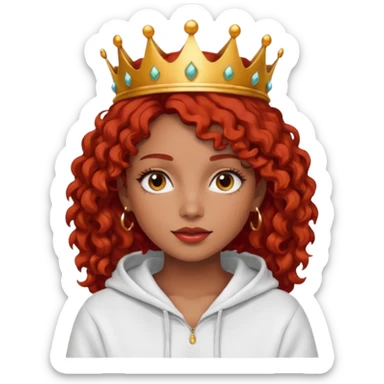 Slim girl with a fine face, dark chocolate-colored and tanned skin, medium-length curly tomato-red hair, dark eyes, medium-thick eyelashes, and a crown and hoop earrings wearing a white hooded sweatshirt.
 sticker