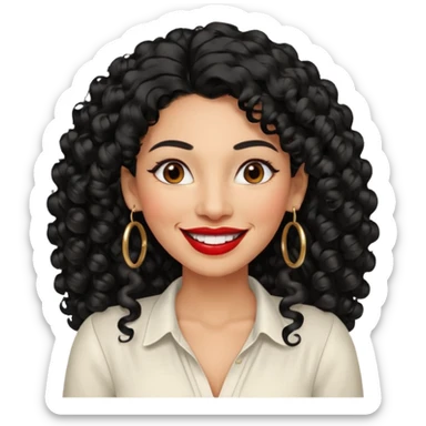 40 yr old peruvian woman, very curly long black hair, red lipstick, big smile, white teeth, brown eyes, hoop earings, side part to hair sticker