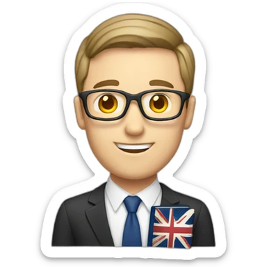 male english teacher with book and british flag sticker