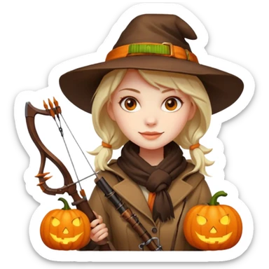 female human monster hunter emoji, wearing brown coat and hat, holding crossbow, soft smile, scarf, glowing pumpkin by her side, Halloween fantasy style, clean vector Apple emoji look, bright colors, white background, square sticker
