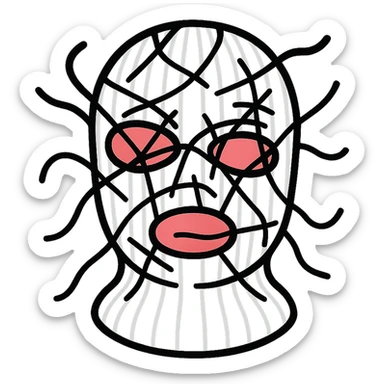 The mask is a full-head, white knitted balaclava with a tight ribbed texture. It features two asymmetrical eye openings and a partially exposed mouth area. Black thread is stitched across the surface in chaotic, abstract lines that trace facial features, giving a hand-drawn effect. Several black cords extend outward from the mask, varying in length and direction, adding a sculptural, almost organic appearance. The overall look is bold, handcrafted, and visually striking. sticker