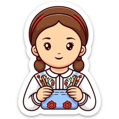 Ukrainian young girl in white embroidered traditional shirt holding needlework tools sticker