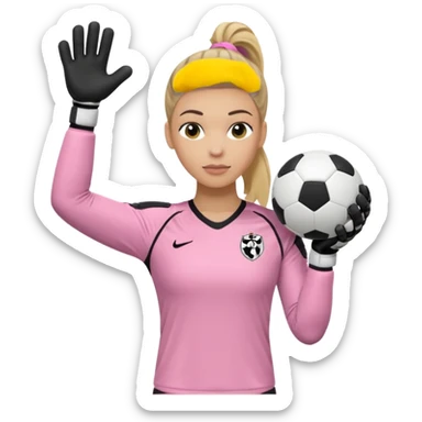 Make a dirty blonde football goalkeeper with goalkeeper gloves on. light skinned and wearing a light pink football kit. Wearing one ponytail on back of head. Make it without the whole body. With full sleeves. No RUGBY BALL JUST BLACK AND WHITE BALL. Holding ball under armpit. Other hand hanging down sticker