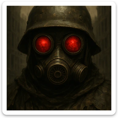 Add a helmet and zoom in on the face of the post apocalyptic soldier wearing a gas mask with red eyes, keep the gritty style, detailed and intense atmosphere. sticker