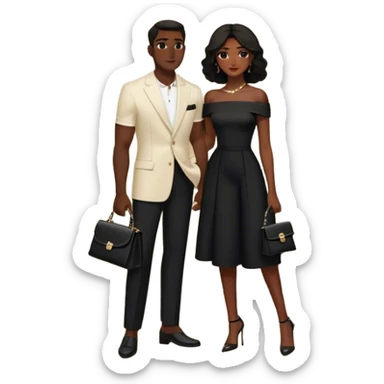 the man dressed in all black, and the woman in an elegant off-shoulder cream-colored outfit with a matching handbag. The background features a textured stone wall, an iron window, and lush greenery, adding a timeless, vintage charm to the scene. Arabic couple  sticker