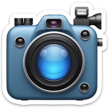 A minimalistic emoji of a camera in Apple iPhone emoji style. Flat design, smooth gradients, rounded edges, soft shadows, high resolution, clean and simple look. Neutral gray and black tones with a blue lens reflection. White background, no text sticker