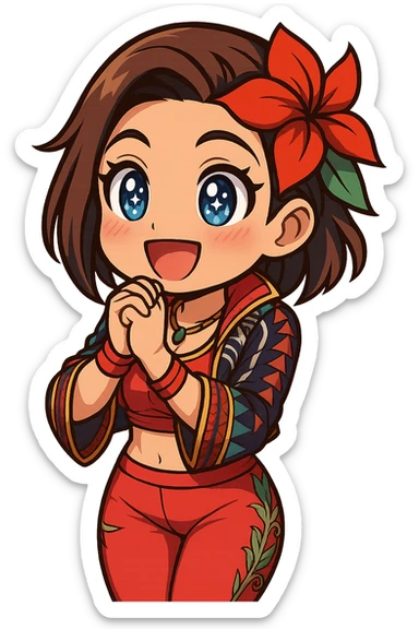 Azucena from Tekken 8 in chibi sticker style, with sparkly eyes and hands clasped in excitement, wearing the detailed red and patterned outfit from the reference images, designed for Twitch emote use. sticker
