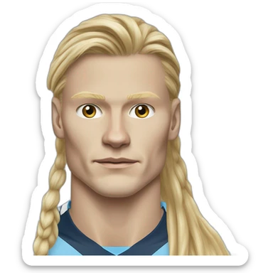 Realistic Erling Haaland has long hair, in a catogan. He is wearing Manchester City football shirt.It has the numéro 9 sticker