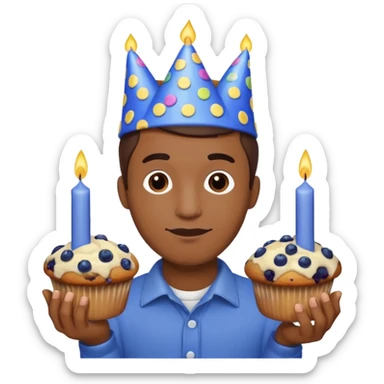 Blueberry Muffin celebrating birthday. Make sure it actually looks like a muffin with candles. Somebody holding it with party hat. Make it a man  sticker