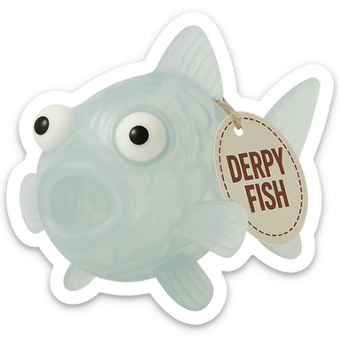 Make the fish's body much more transparent so you can clearly see through it. Keep the semi-transparent blue plastic, derpy eyes, and retro 90's toy look. No background. Hyper-detailed, soft plastic, soft reflections, soft and squishy, some cloudiness, not shiny, highly detailed, appealing. Keep the 'DERPY FISH' tag. The style is a retro 90's toy with semi-transparent blue plastic and derpy eyes, soft and squishy appearance with soft reflections and some cloudiness. sticker