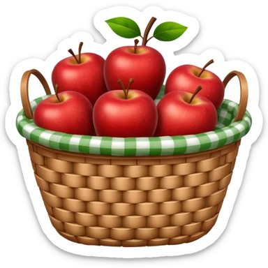 woven basket with apples and white checkered cloth, green sticker