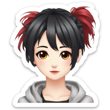 Gorgeous anime style shojo character with blushing face aesthetic and pretty edgy black red punk hair with hair garment trending style sticker