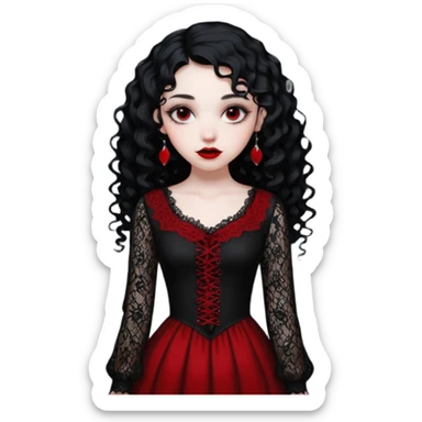 A girl with a red goth vampire look in a black and red goth lace dress with long sleeves and long black curly hair bold look on her face sticker