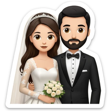 bride with long sleve dress, long brown hair and groom with black tux, short black beard and buzzed black hair sticker