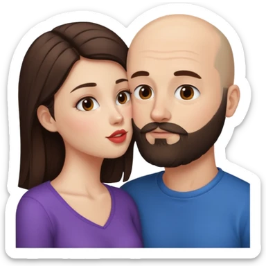 Brunette girl kissing bald guy with beard sticker