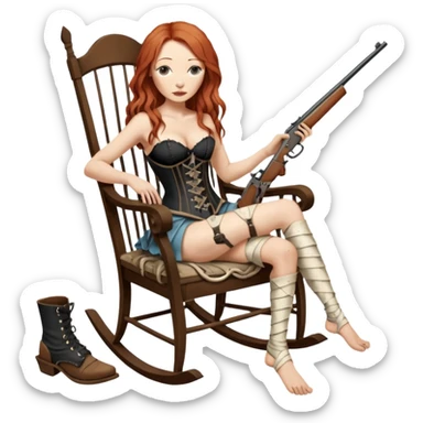 realistic cinematic Tori Amos sits on a rocking chair in a torn corset, holding an antique rifle and her bare feet are muddy. A white snake is wrapped around the chair. sticker
