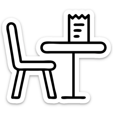 simple icon of a restaurant table with an empty chair and a bill on the table, minimalist style sticker