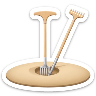 Minimalist emoji of a Japanese zen garden rake with four teeth, elegant thin lines, light wood tone, sand-beige palette, flat vector style, calm and balanced aesthetic, zen-inspired, transparent background, premium minimal design sticker