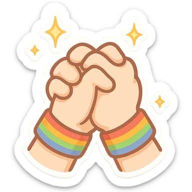 chibi sticker-style pair of clasped hands with sparkles and rainbow bracelets, cute and exaggerated sticker
