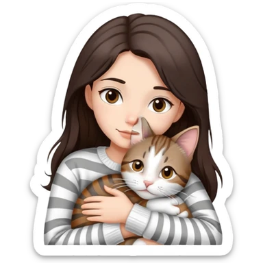 a girl with long dark brown hair, in a
white sweater and brown eyes, hugs a tabby
grey and white strips one cat.  sticker