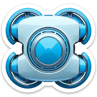 Top-down view of futuristic retro hover car with angular design and glowing blue wheels, flat vector style, minimal color palette with blue highlights sticker