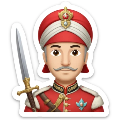 Ottoman janissary in red army dress holding a sword had a white cap sticker