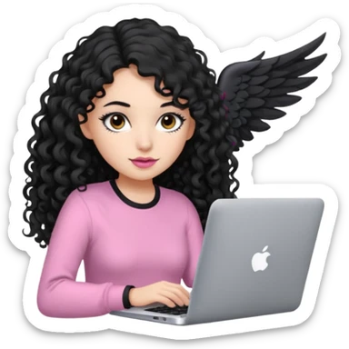 a girl typing mac book with long black curly hair and brown eyes with winged black eyeliner, pink shirt sticker