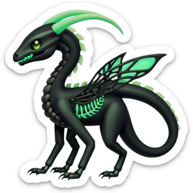 Obsidian-black and neon-glowing-green skeletal Meloetta-Salandit-Gorebyss-Salazzle-Pokémon-Fakémon-creature-fusion-hybrid sticker