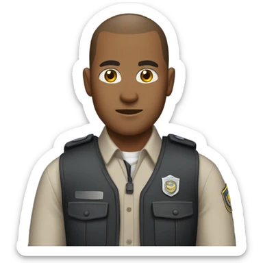 Security guard with buzzcut, vest on with button up underneath. NO TIE. NO HAT.  sticker