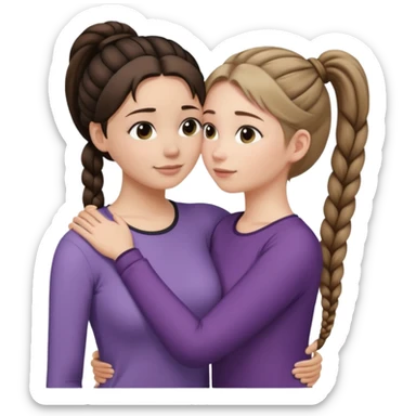Comforting Hug two white skin women, one shorter woman with medium brown simple top ponytail, not braided, and one taller woman with a single long black side braid sticker