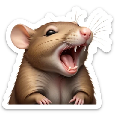 Cinematic Cute Yawning Brown Rat Portrait Emoji, Head tilted slightly with a dramatic, wide-open yawn, showcasing a soft, sleek brown coat with tiny drooping ears and half-closed eyes in drowsy contentment, Simplified yet irresistibly adorable features, highly detailed, glowing with a soft, cozy glow, high shine, relaxed yet expressive, stylized with a dash of urban charm, soft glowing outline, capturing the essence of a sleepy yet affectionate rat that seems ready to stretch out for a nap! sticker