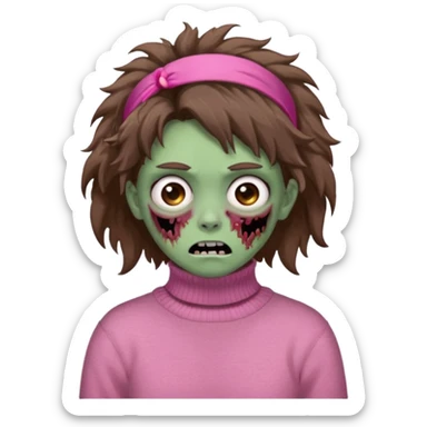 brown fluffy haired zombie with pink turtleneck sweater and hair band sticker