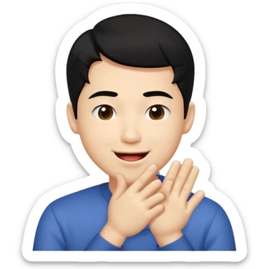 Asia guy black hair side part rubbing hand together and smirking with tongue out on the side a bit little eye and hands together sticker