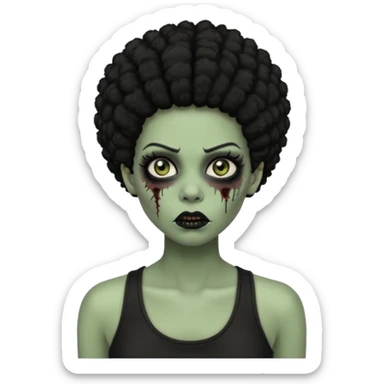 a female zombie with sage green skin, black afro hair, eyelashes and a black tank top sticker