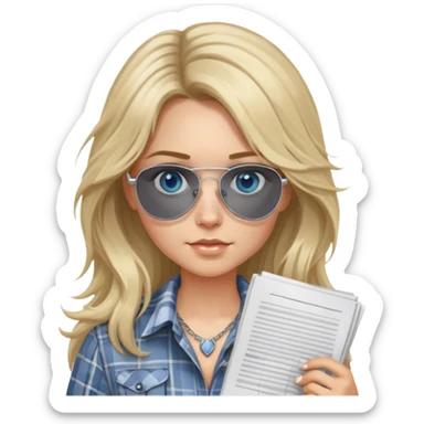 girl with long blond messy hair wearing grey plaid shirt with blue eyes and aviator sunglasses wearing a ring on her silver necklace, holding lawyer papers sticker