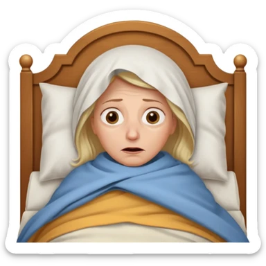 A 55-year-old woman lying in bed, unable to sleep. She looks exhausted and desperate, with visible dark circles under her eyes, tired facial expression. She is under the blankets, staring at the ceiling.  sticker