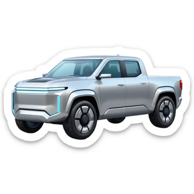 A futuristic electric pickup truck emoji, silver chrome body, angular cyber design, smooth metallic panels, subtle reflections, minimalistic proportions, iOS emoji style, centered composition, clean white background, soft lighting sticker