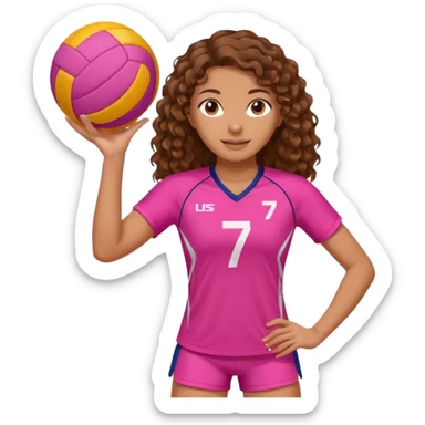 une joueuse de volley de debout (on voit ses jambes) qui joue (blanche brune avec des cheveux longs boucles) (avec une tenue ROSE avec le numéro 7) et une balle avec 2 couleurs orange et BLANC  sticker