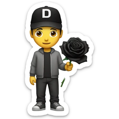 an asian man stands still with a "D" written cap holds a black rose sticker