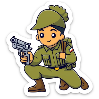Indian soldier greasing a gun, cartoonish sticker sticker