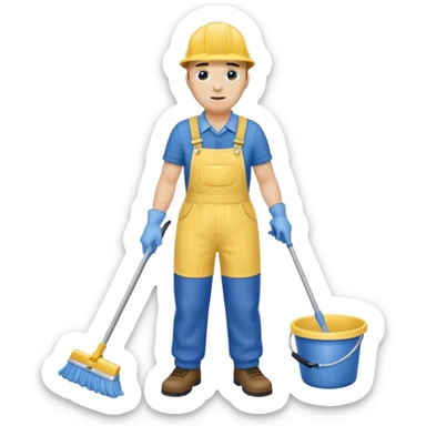 Custodian with yellow rubber gloves, blue overalls mopping floor sticker